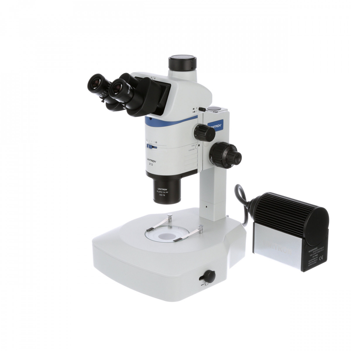 Diascopic stand shown with Z12 stereo microscope, Z12 focus mount, light source and fiber light guide (all optional)