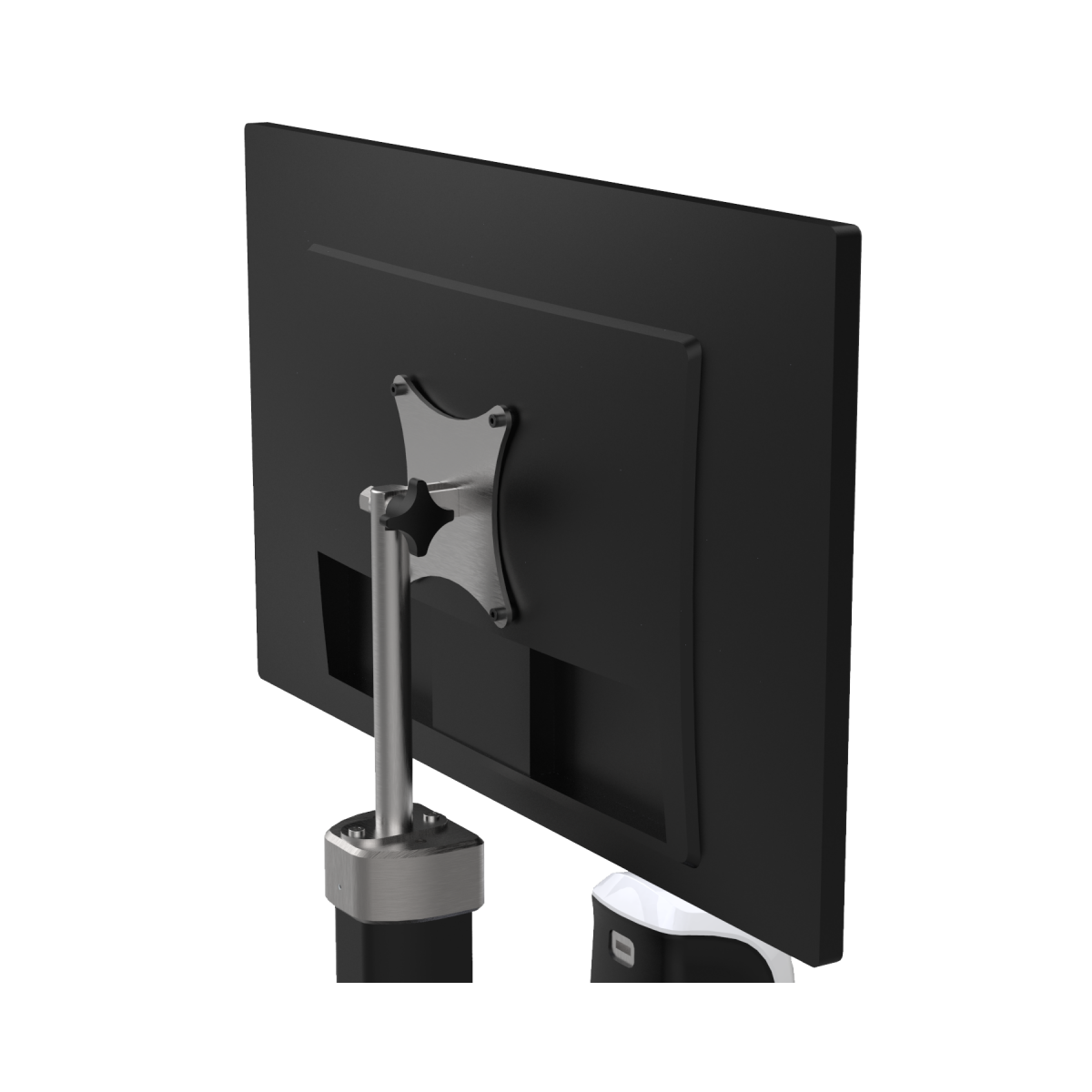 Monitor Mount Adapter shown on top of premium track stand with monitor mount and monitor assembled